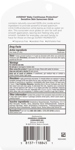 Aveeno Baby Continuous Protection Mineral Sunscreen Stick for Sensitive Skin with Broad Spectrum SPF 50 Protection for Face & Body, Naturally Sourced 100% Zinc Oxide, Travel Size, 0.47 oz