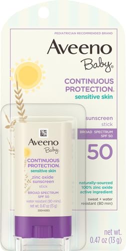 Aveeno Baby Continuous Protection Mineral Sunscreen Stick for Sensitive Skin with Broad Spectrum SPF 50 Protection for Face & Body, Naturally Sourced 100% Zinc Oxide, Travel Size, 0.47 oz