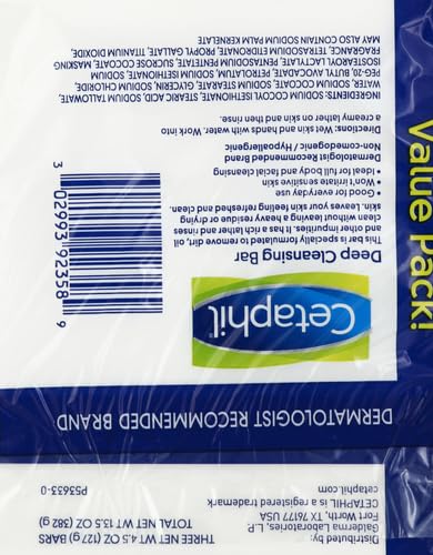Cetaphil Deep Cleansing Face & Body Bar Soap, Sensitive Skin Care, 3ct