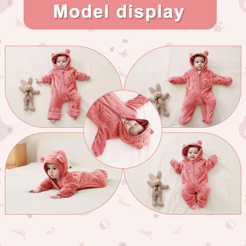 AiWMGL Newborn Baby Bear Outfit With Fold-Over Mittens and Footies Girls Boys Winter Fleece Clothes Hooded Romper Snowsuit