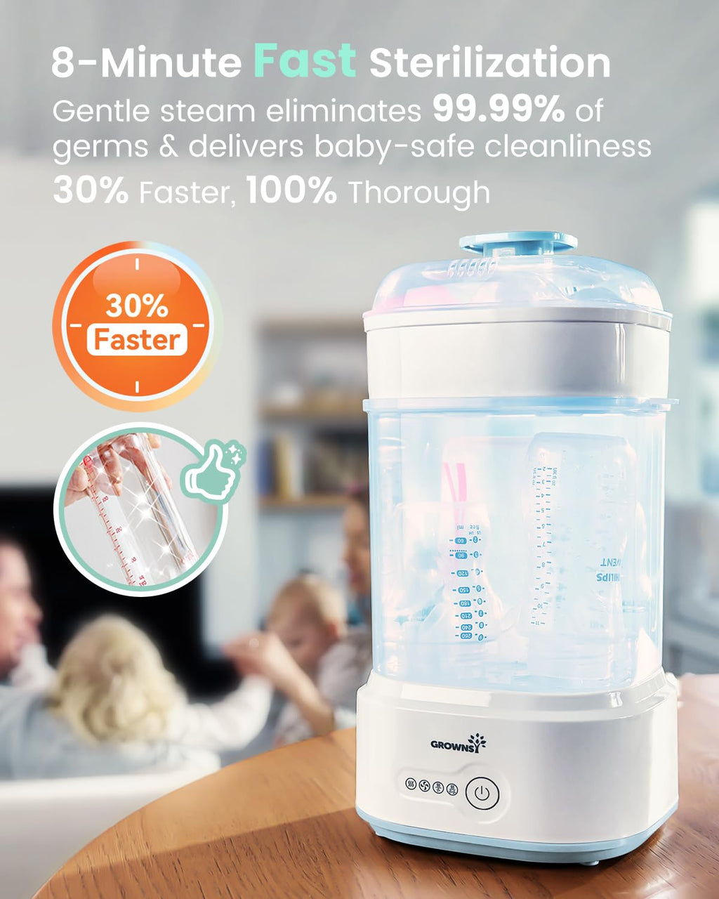 Grownsy Compact Baby Bottle Sterilizer and Dryer with Fast Sanitization