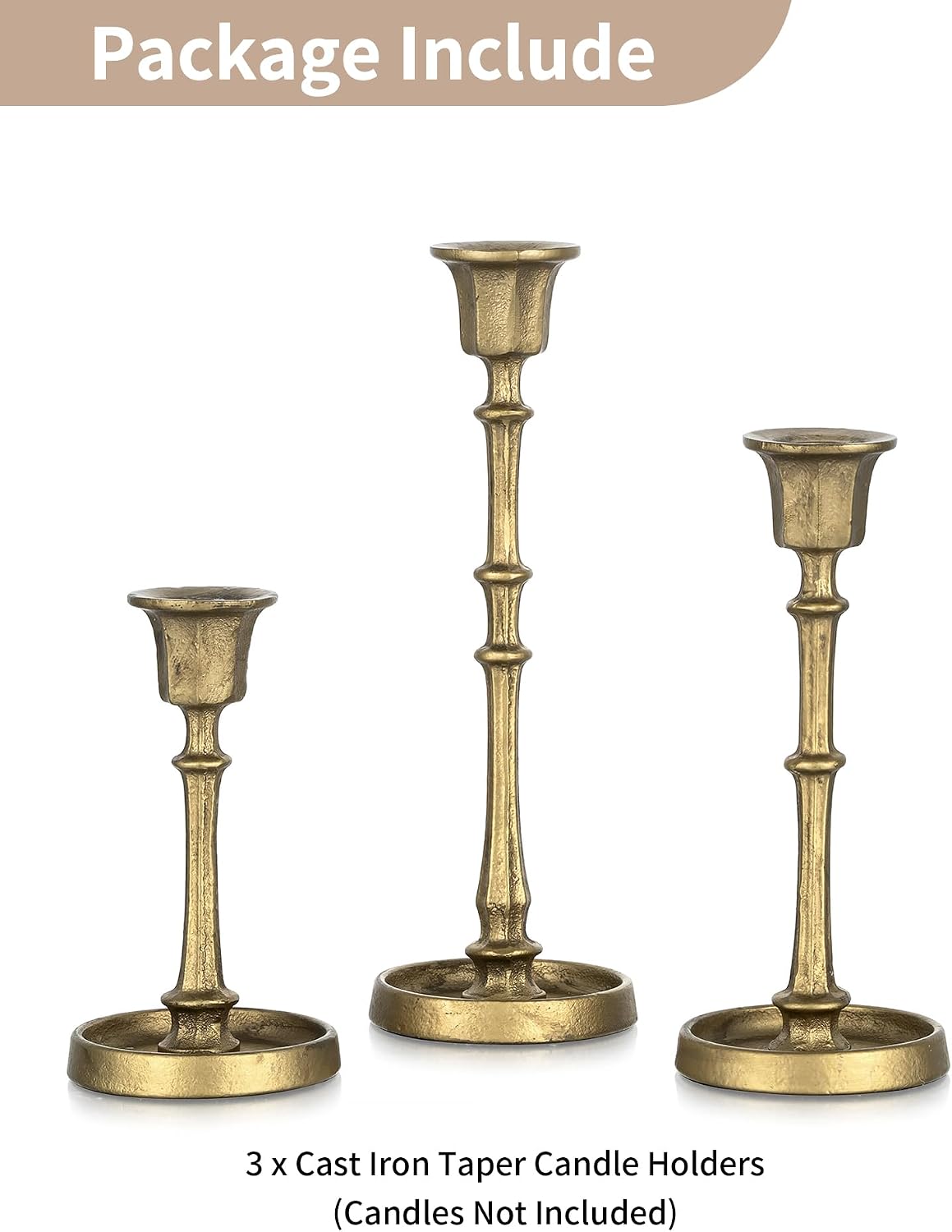 NUPTIO Cast Iron Taper Candle Holders, Set of 3 Antique Brass Candlesticks | Heavy Construction, Vintage Texture, Stable Candle Base, Fireplace Mantel, Table Decor