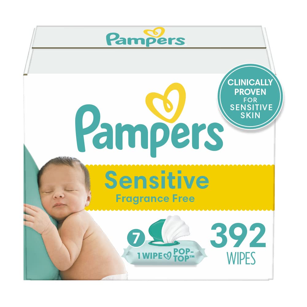 Pampers Sensitive Baby Wipes, Clinically Proven, Fragrance Free, Unscented, Water Based, Hypoallergenic, Multi-Use, Hand Wipes 504 Wipes Total (6X Flip-Top Packs) [Packaging May Vary]