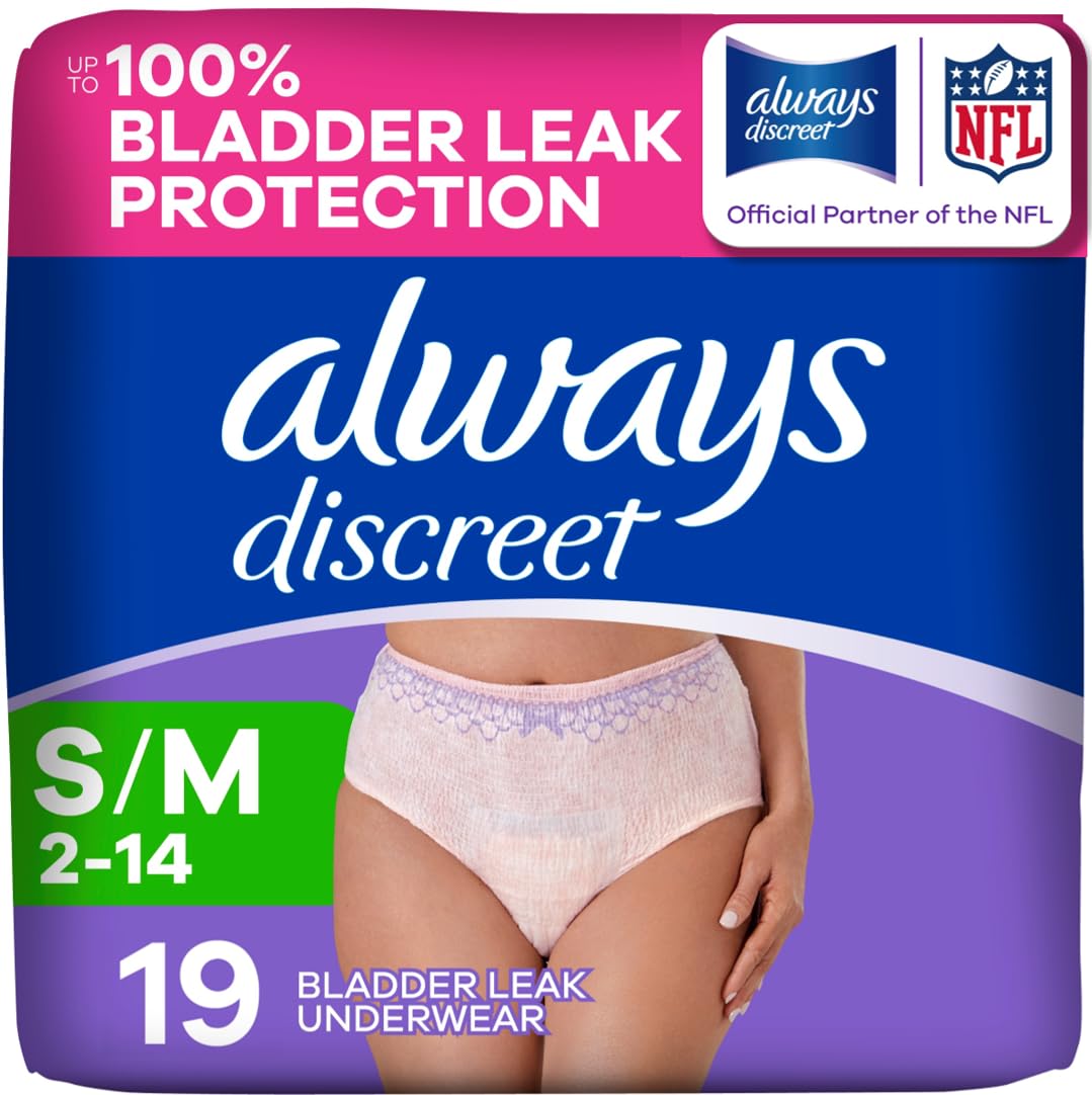 Always Discreet Adult Diapers for Women, Incontinence Underwear, Postpartum Essentials, Disposable Briefs, Max Absorbency, Bladder Leak Protection, Small/Medium, 32ct
