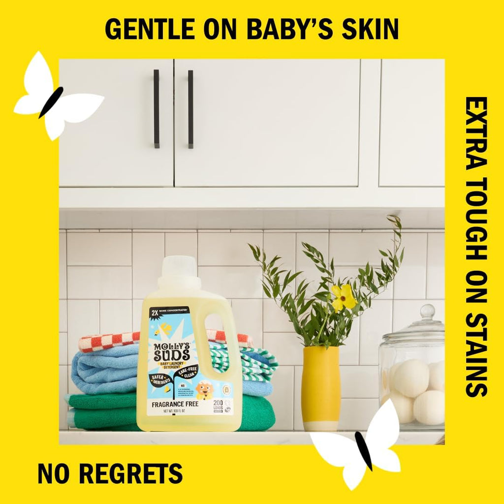 Molly's Suds Baby Liquid Laundry Detergent | Removes Formula, Poop & Spit-Up Stains | Extra Gentle for Infants, Babies, Toddlers (Fragrance Free, 100 Loads)