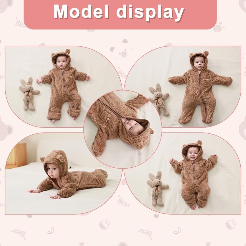 AiWMGL Newborn Baby Bear Outfit With Fold-Over Mittens and Footies Girls Boys Winter Fleece Clothes Hooded Romper Snowsuit