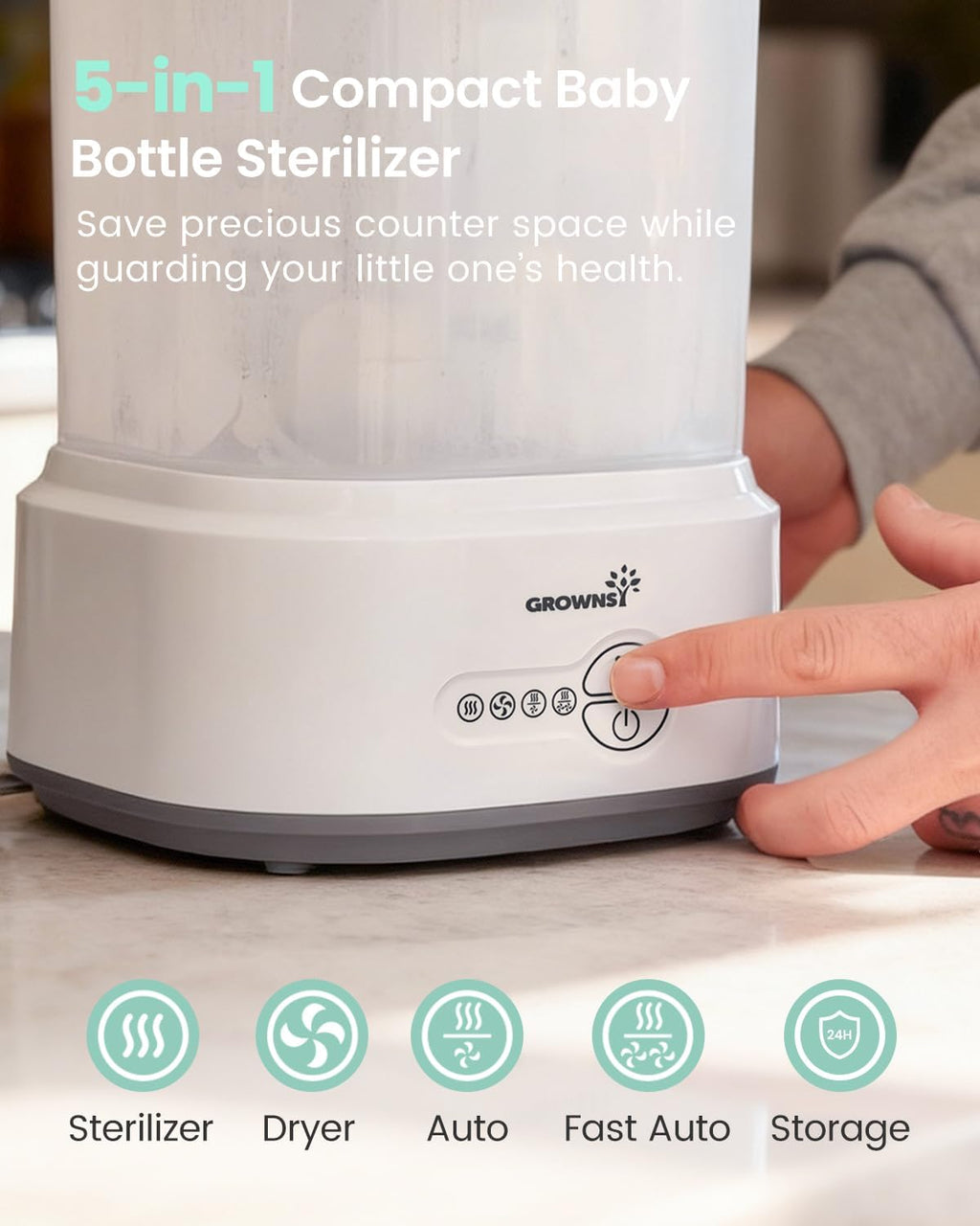 Grownsy Compact Baby Bottle Sterilizer and Dryer with Fast Sanitization
