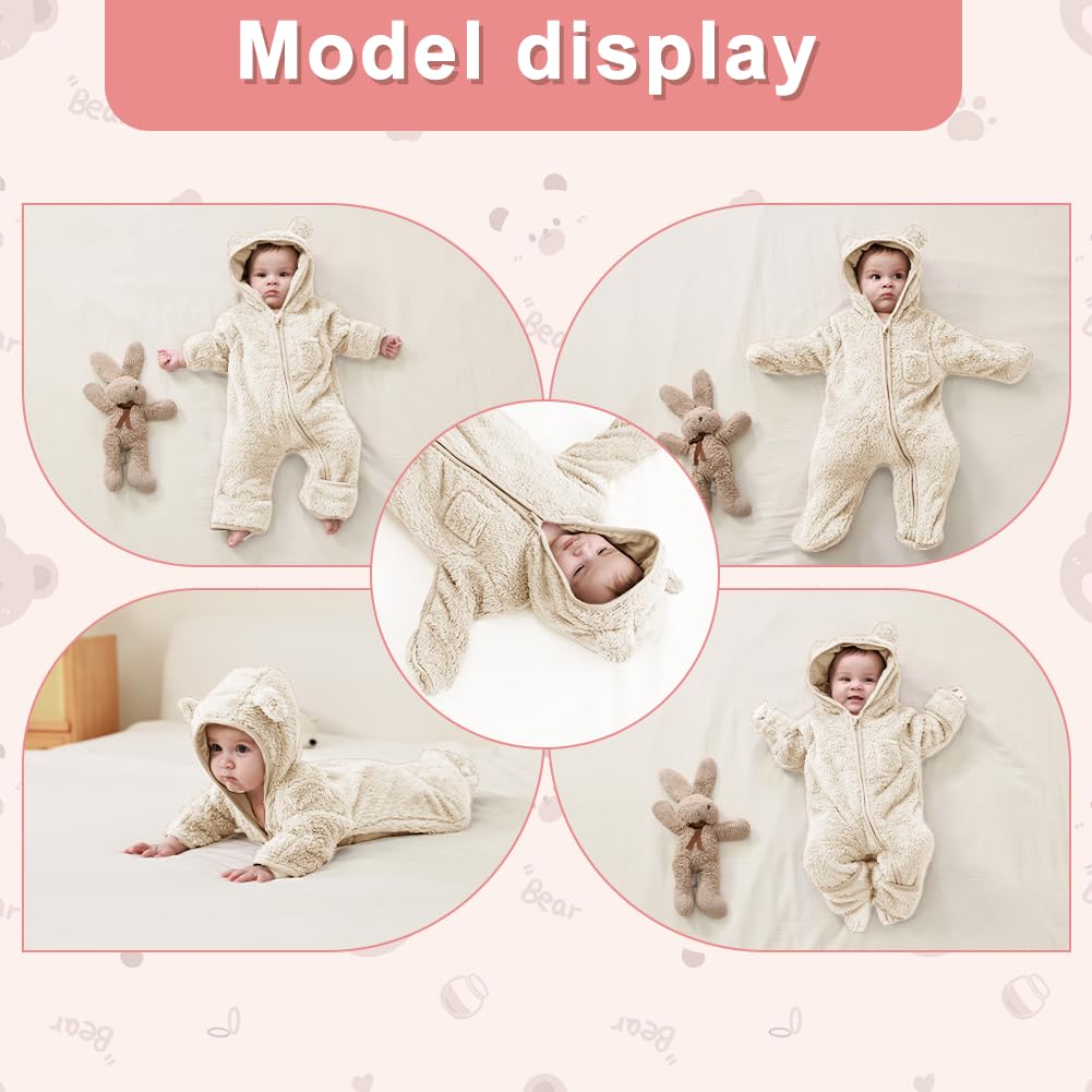 AiWMGL Newborn Baby Bear Outfit With Fold-Over Mittens and Footies Girls Boys Winter Fleece Clothes Hooded Romper Snowsuit