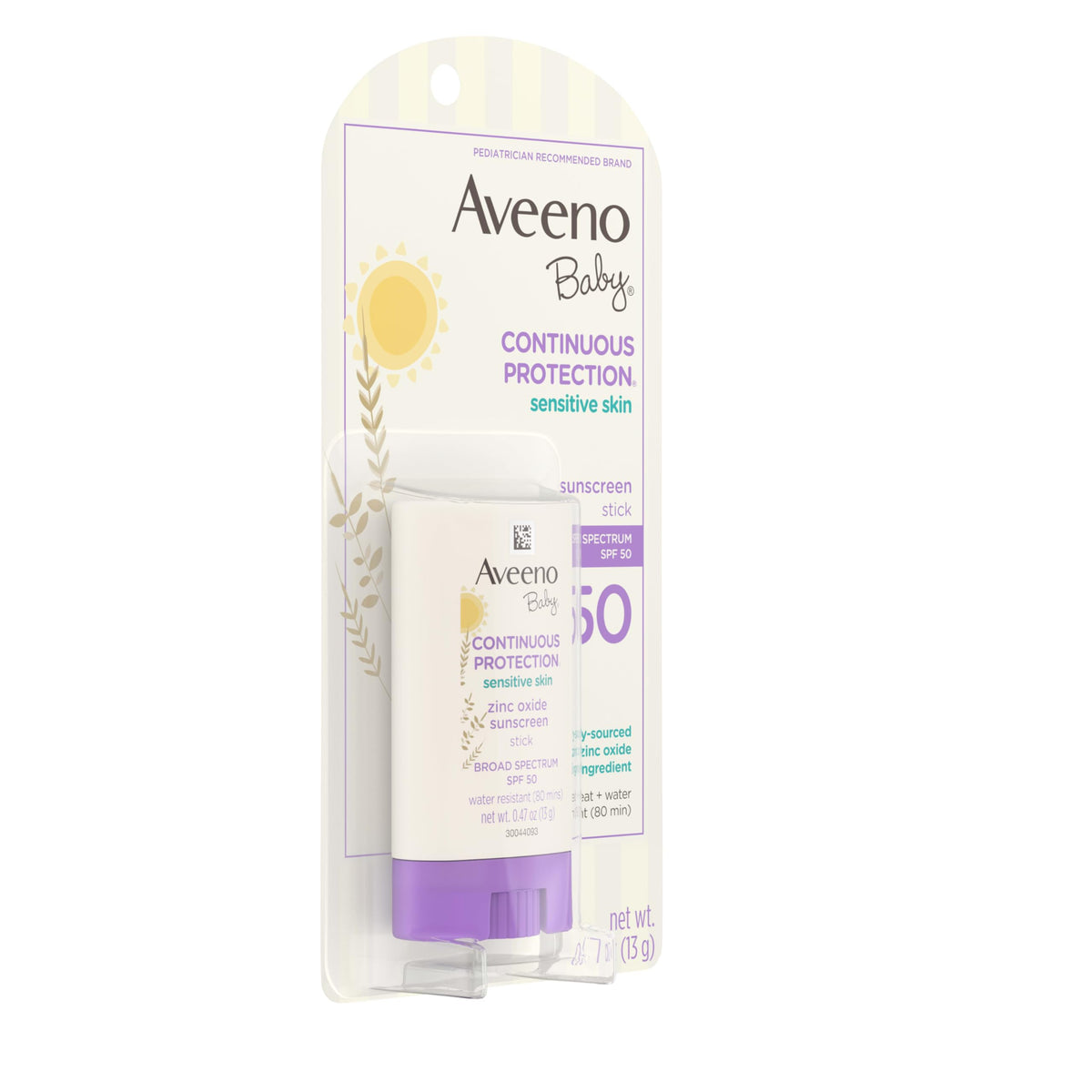 Aveeno Baby Continuous Protection Mineral Sunscreen Stick for Sensitive Skin with Broad Spectrum SPF 50 Protection for Face & Body, Naturally Sourced 100% Zinc Oxide, Travel Size, 0.47 oz