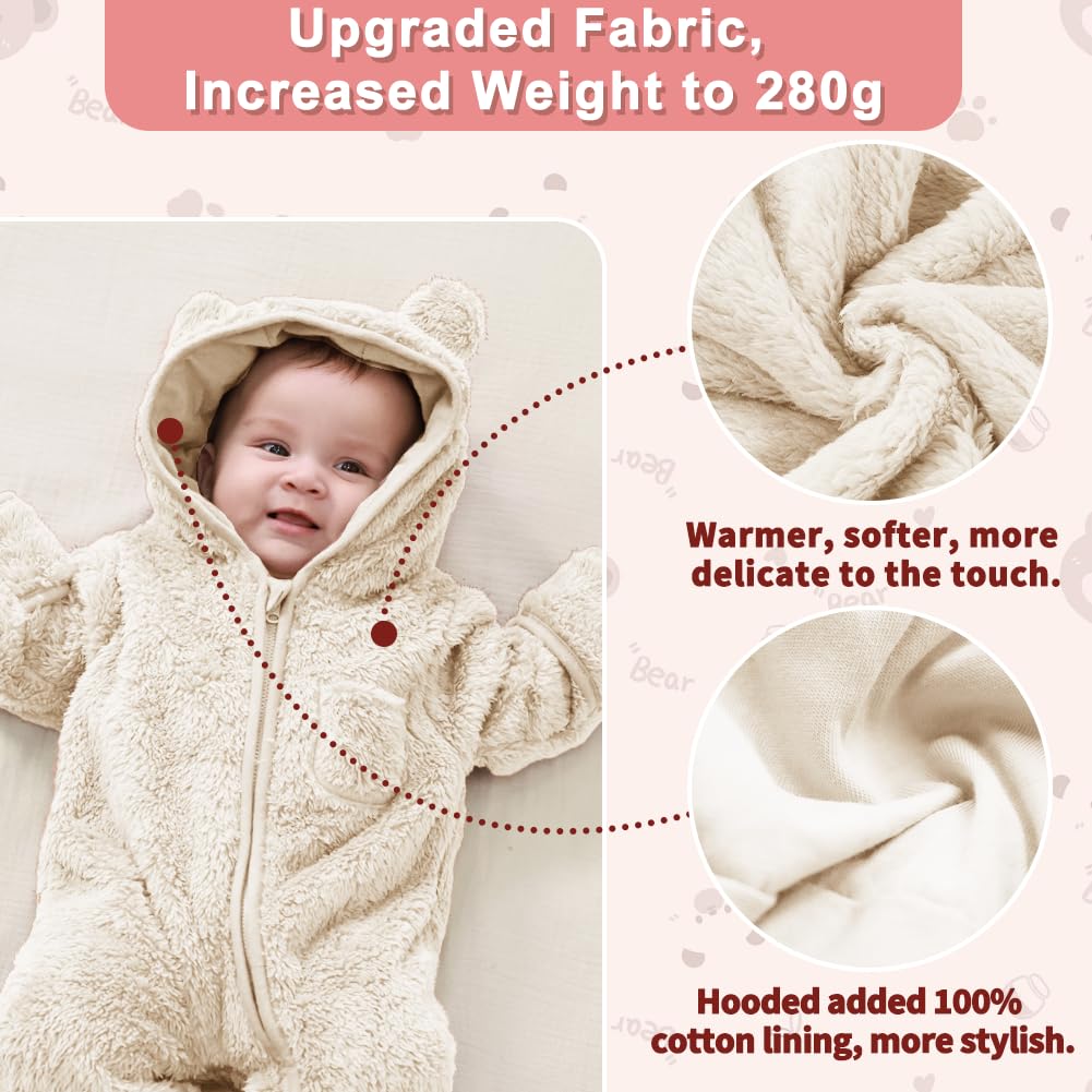 AiWMGL Newborn Baby Bear Outfit With Fold-Over Mittens and Footies Girls Boys Winter Fleece Clothes Hooded Romper Snowsuit