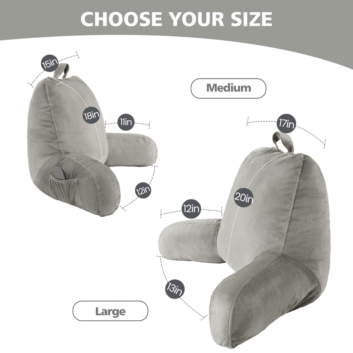 Reading Pillow with Adjustable Memory Foam,Adult Backrest with Arms, Back Pillow for Sitting in Bed with Washable Cover- Large, Gray