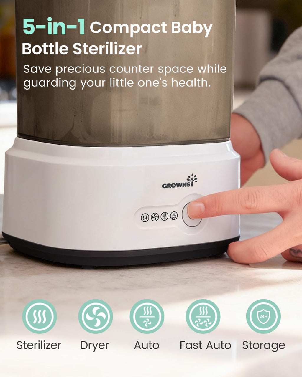 Grownsy Compact Baby Bottle Sterilizer and Dryer with Fast Sanitization