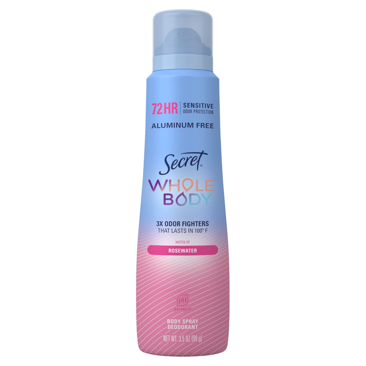Secret Aluminum Free Whole Body Deodorant Spray for Women, 72hr Sensitive Freshness & Odor Defense, PH Balanced, Invisible Protection, Safe to Use Everywhere, Peach & Vanilla Blossom Scent, 3.5 oz