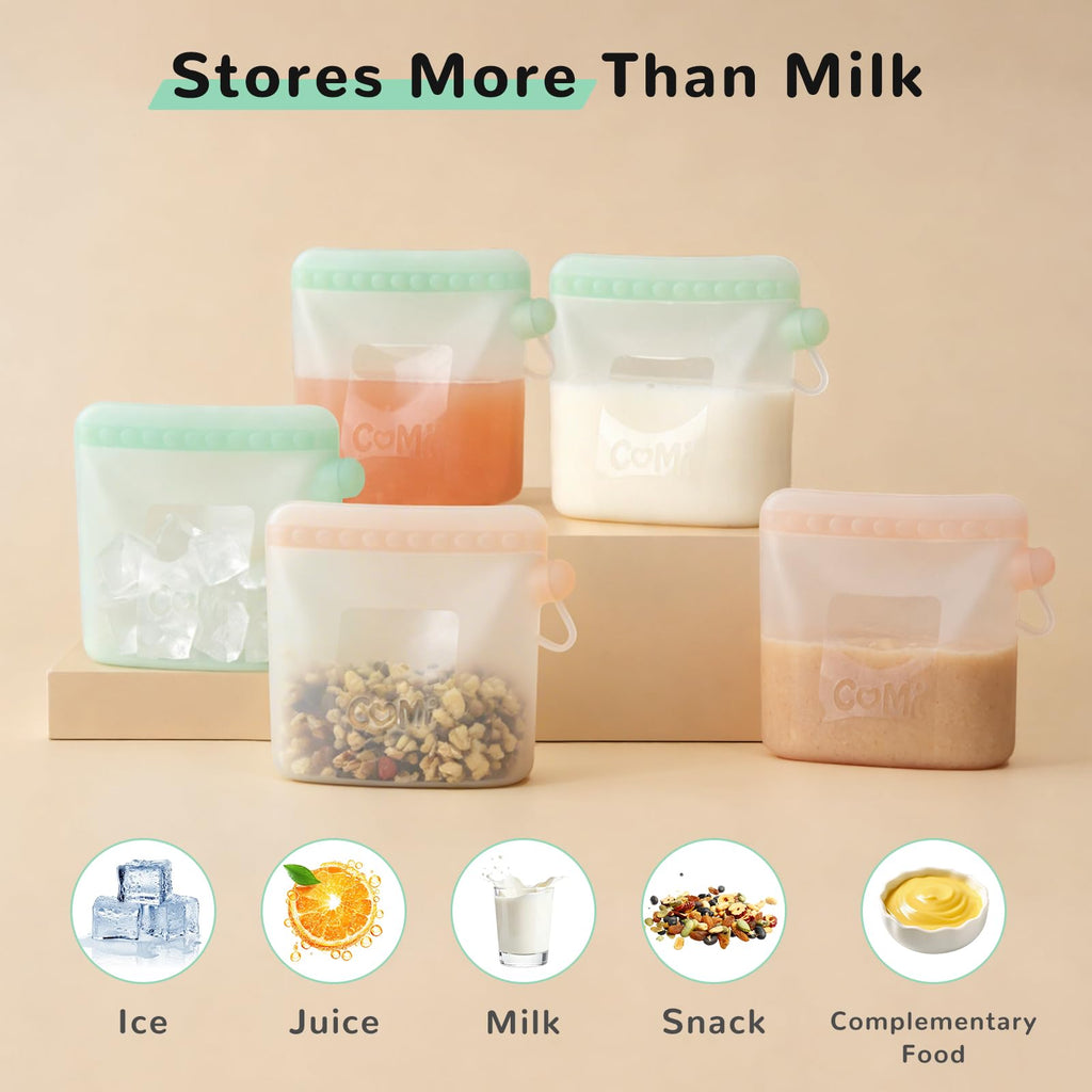 COMI Silicone Breast Milk Storage Bags Reusable, 9oz, BPA Free, 4Green