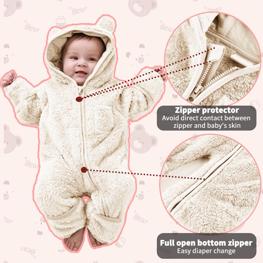 AiWMGL Newborn Baby Bear Outfit With Fold-Over Mittens and Footies Girls Boys Winter Fleece Clothes Hooded Romper Snowsuit