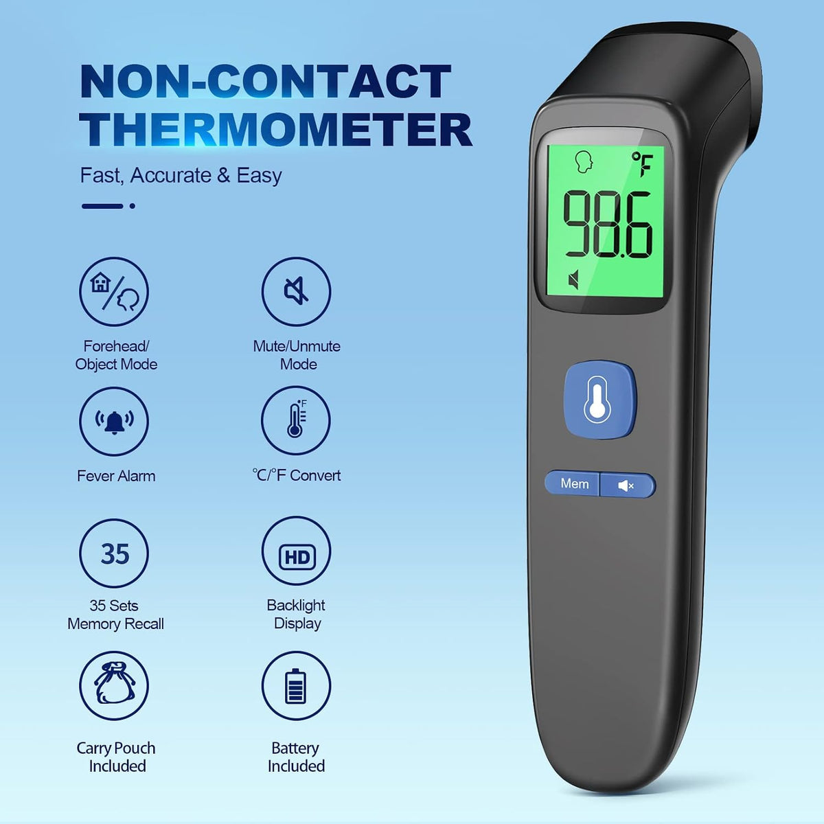 No-Touch Thermometer for Adults, Kids, Babies, 1-Sec Fast Accurate (Black)