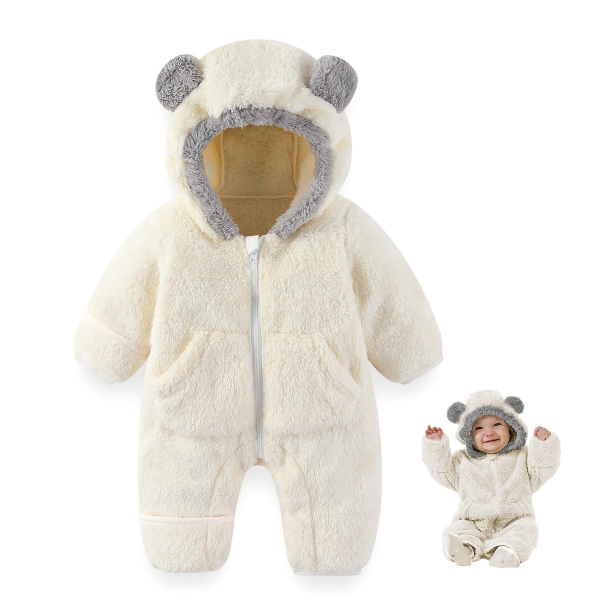 AiWMGL Newborn Baby Bear Outfit Suit With Fold-Over Mittens Footies Girls Boys Winter Fleece Clothes Hooded Romper Snowsuit