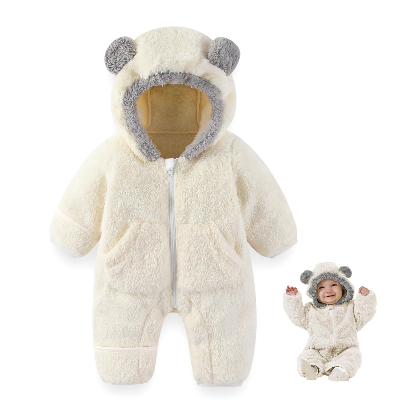 AiWMGL Newborn Baby Bear Outfit Suit With Fold-Over Mittens Footies Girls Boys Winter Fleece Clothes Hooded Romper Snowsuit