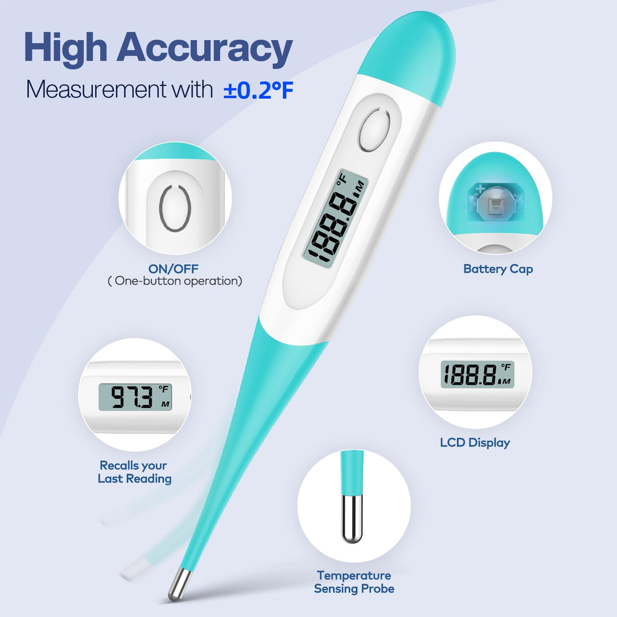 Boncare 10 Seconds Oral Thermometer for Adults and Kids, Light Blue