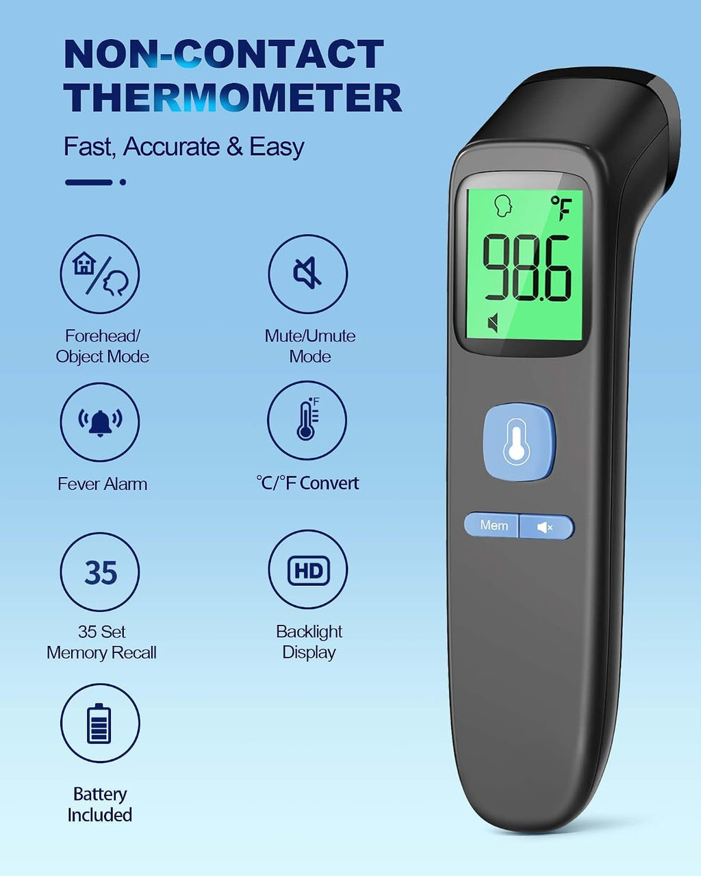 Non-Contact Forehead Thermometer for Adults and Kids, 1 Second Result