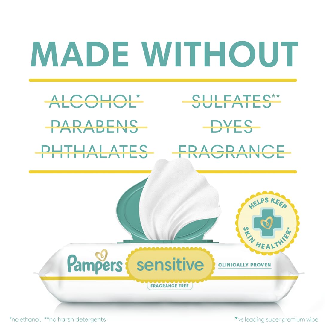 Pampers Sensitive Baby Wipes, Clinically Proven, Fragrance Free, Unscented, Water Based, Hypoallergenic, Multi-Use, Hand Wipes 504 Wipes Total (6X Flip-Top Packs) [Packaging May Vary]