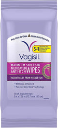 VAGISIL Anti-Itch Medicated Feminine Wipes, Max Strength, 20 Wipes (1 Pack)