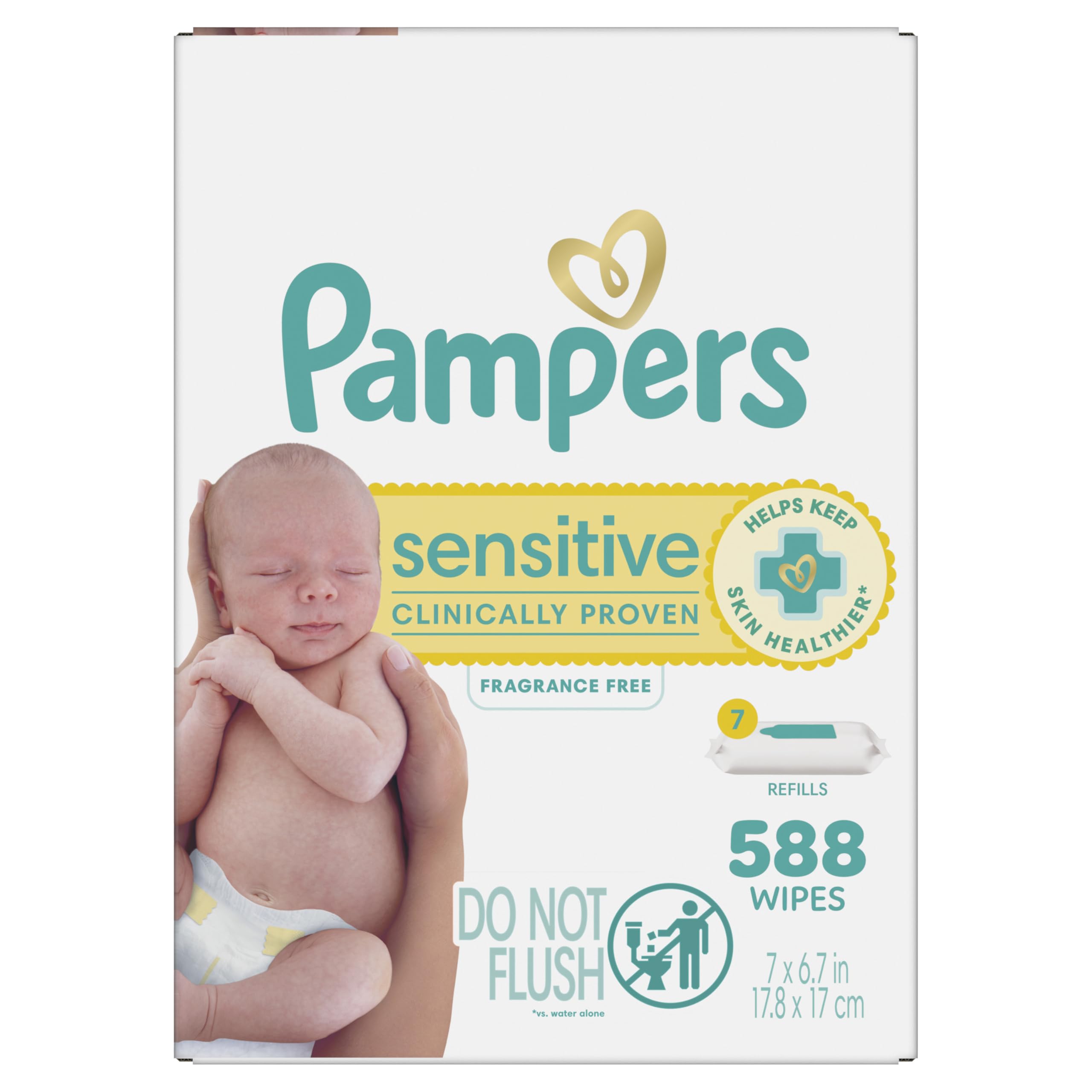 Pampers Sensitive Baby Wipes, Clinically Proven, Fragrance Free, Unscented, Water Based, Hypoallergenic, Multi-Use, Hand Wipes 504 Wipes Total (6X Flip-Top Packs) [Packaging May Vary]