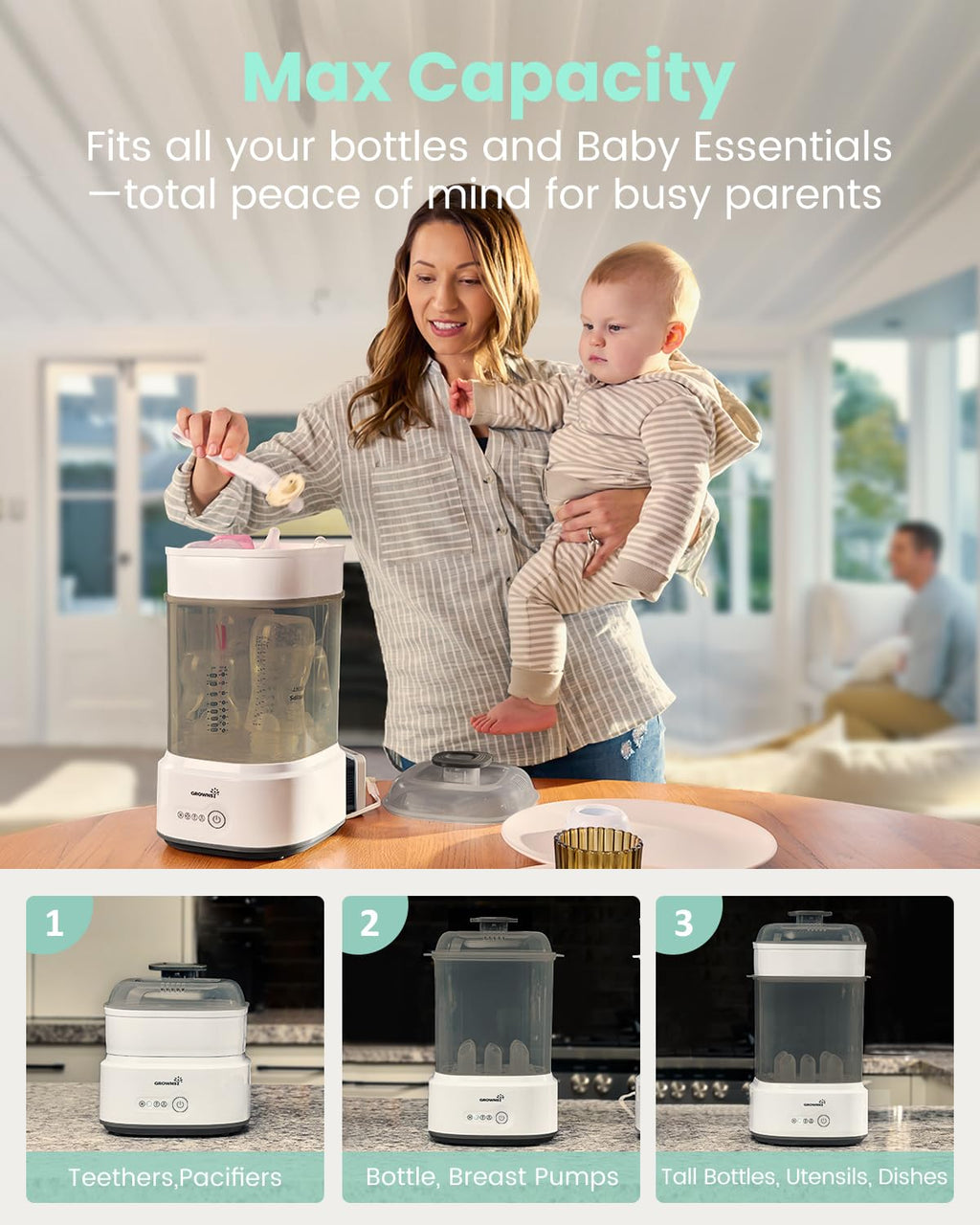 Grownsy Compact Baby Bottle Sterilizer and Dryer with Fast Sanitization