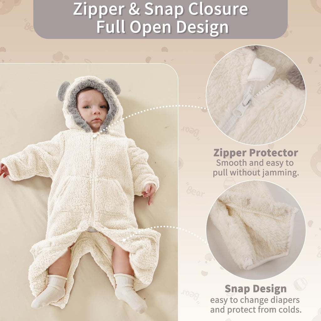 AiWMGL Newborn Baby Bear Outfit Suit With Fold-Over Mittens Footies Girls Boys Winter Fleece Clothes Hooded Romper Snowsuit