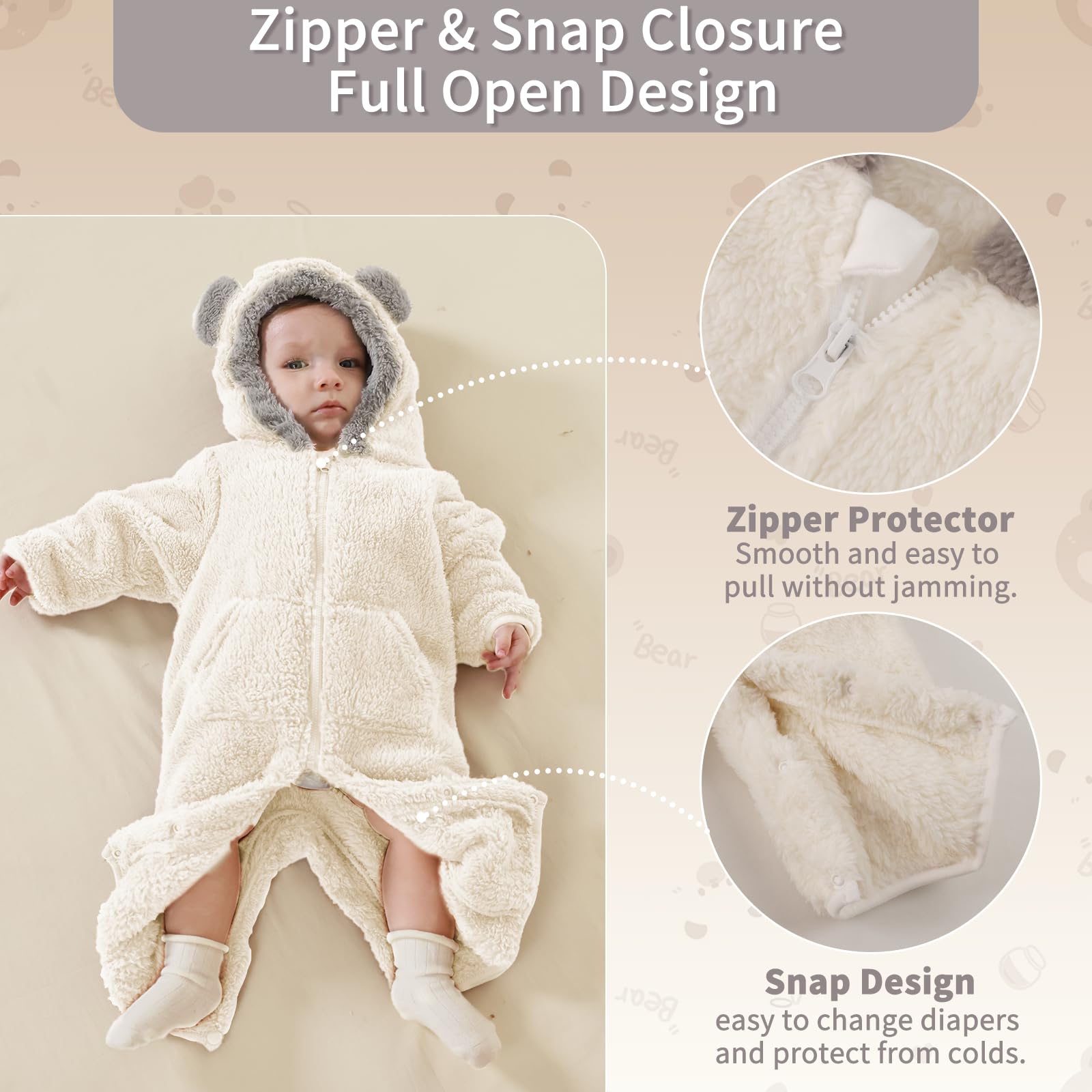 AiWMGL Newborn Baby Bear Outfit Suit With Fold-Over Mittens Footies Girls Boys Winter Fleece Clothes Hooded Romper Snowsuit