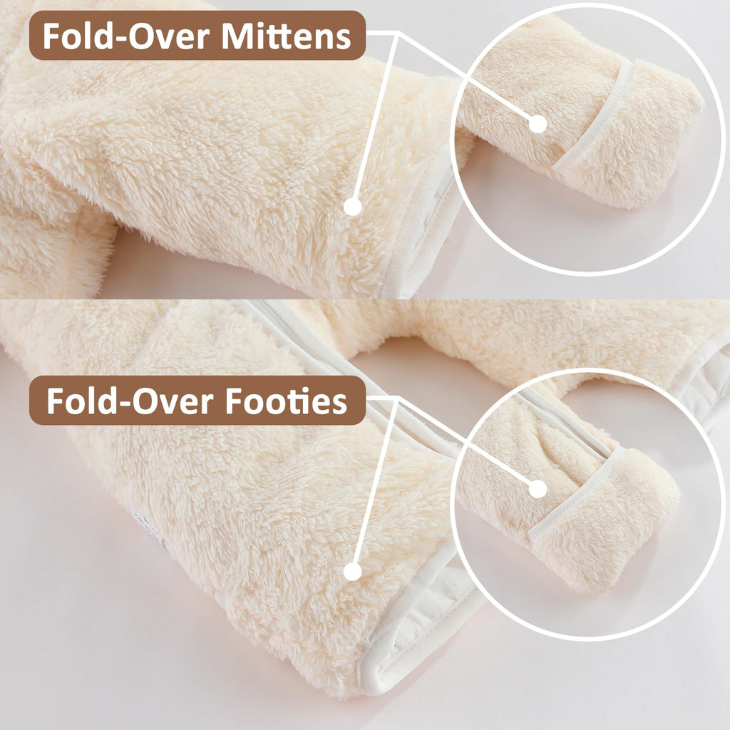 AiWMGL Newborn Baby Bear Outfit With Fold-Over Mittens and Footies Girls Boys Winter Fleece Clothes Hooded Romper Snowsuit