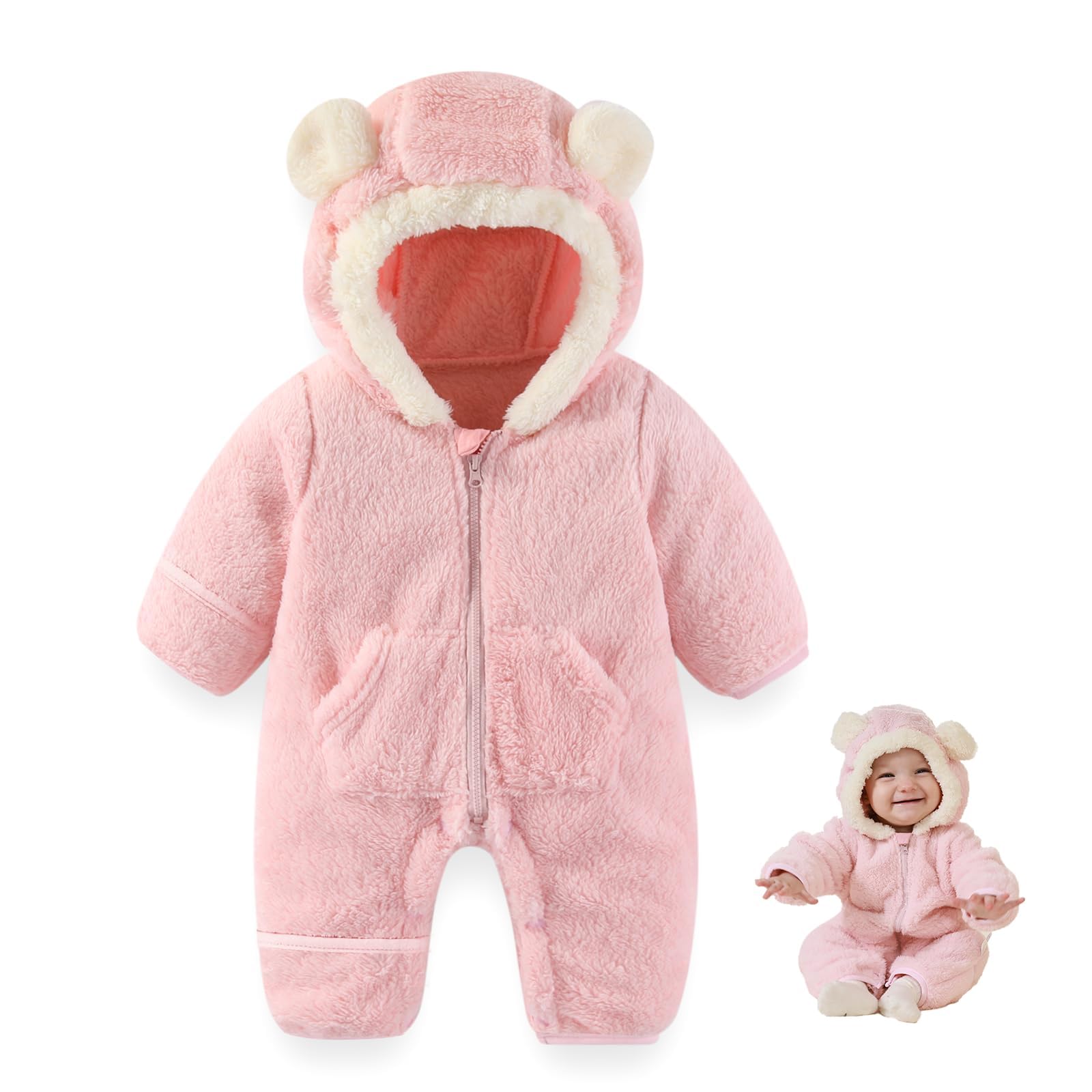 AiWMGL Newborn Baby Bear Outfit Suit With Fold-Over Mittens Footies Girls Boys Winter Fleece Clothes Hooded Romper Snowsuit