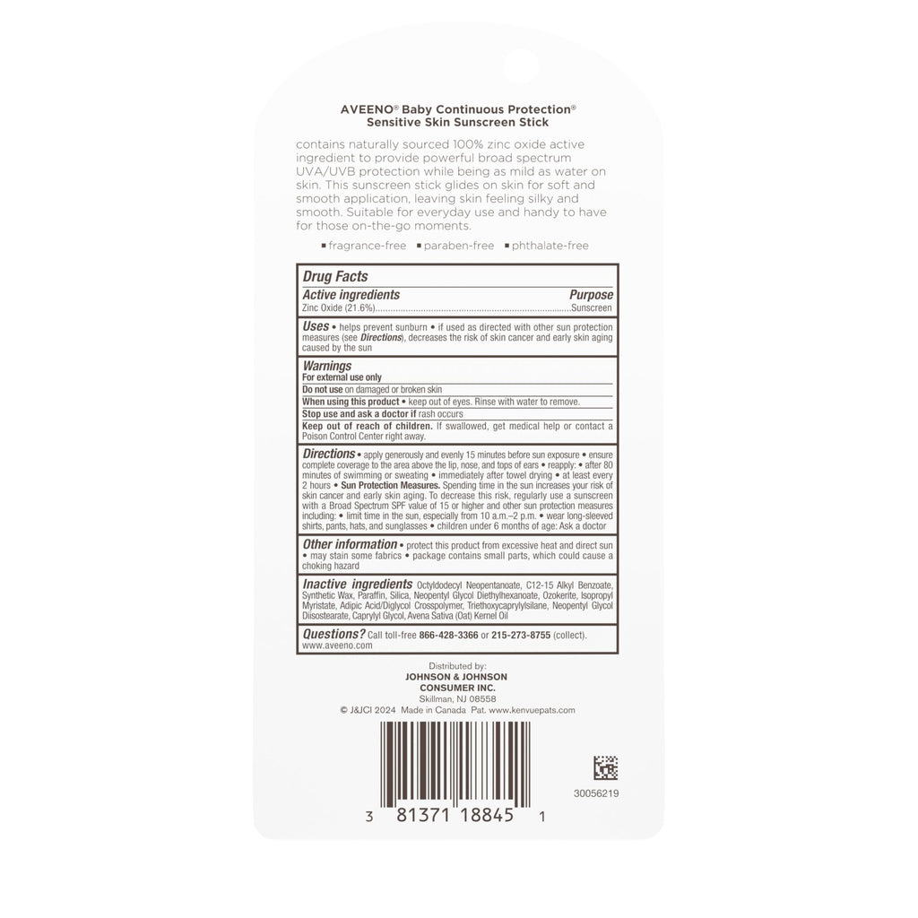 Aveeno Baby Continuous Protection Mineral Sunscreen Stick for Sensitive Skin with Broad Spectrum SPF 50 Protection for Face & Body, Naturally Sourced 100% Zinc Oxide, Travel Size, 0.47 oz