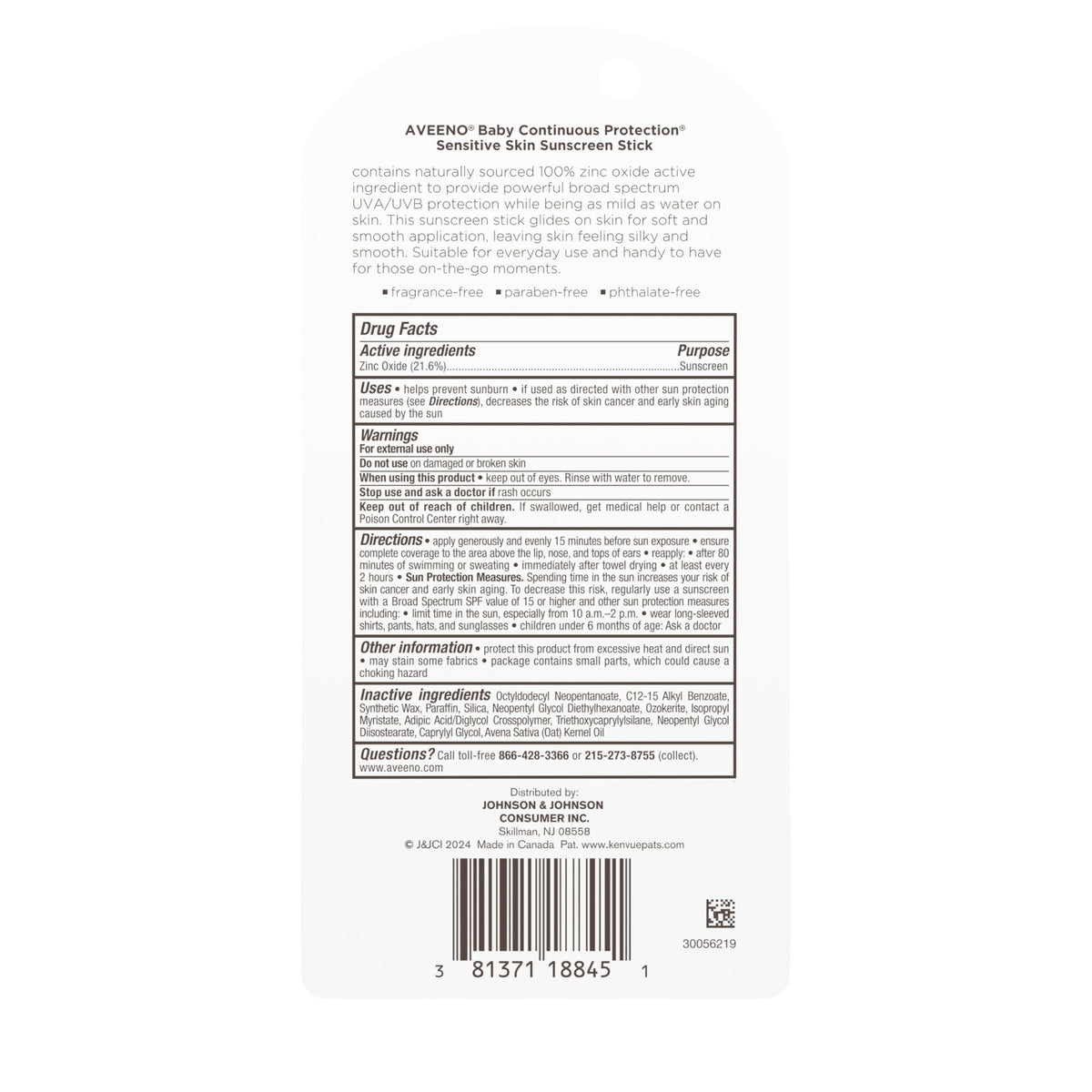 Aveeno Baby Continuous Protection Mineral Sunscreen Stick for Sensitive Skin with Broad Spectrum SPF 50 Protection for Face & Body, Naturally Sourced 100% Zinc Oxide, Travel Size, 0.47 oz
