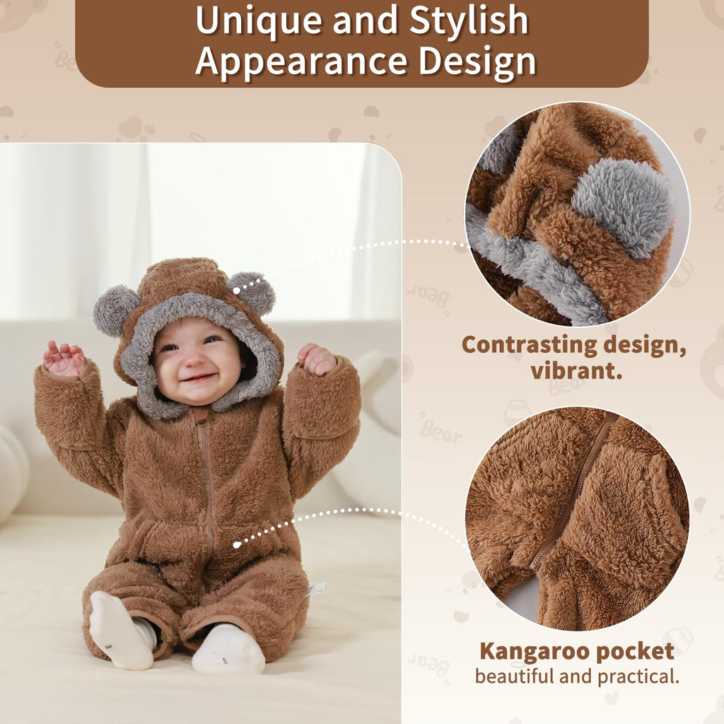 AiWMGL Newborn Baby Bear Outfit Suit With Fold-Over Mittens Footies Girls Boys Winter Fleece Clothes Hooded Romper Snowsuit