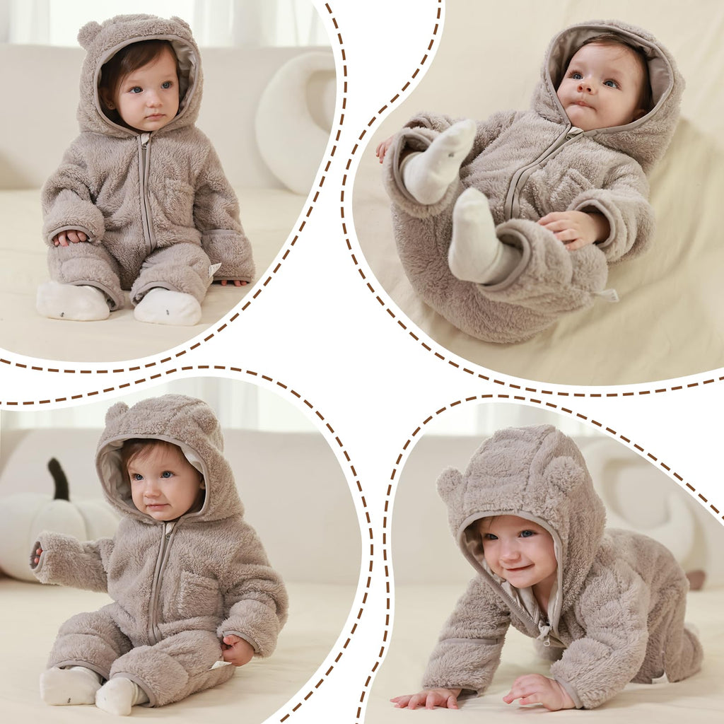 AiWMGL Newborn Baby Bear Outfit With Fold-Over Mittens and Footies Girls Boys Winter Fleece Clothes Hooded Romper Snowsuit