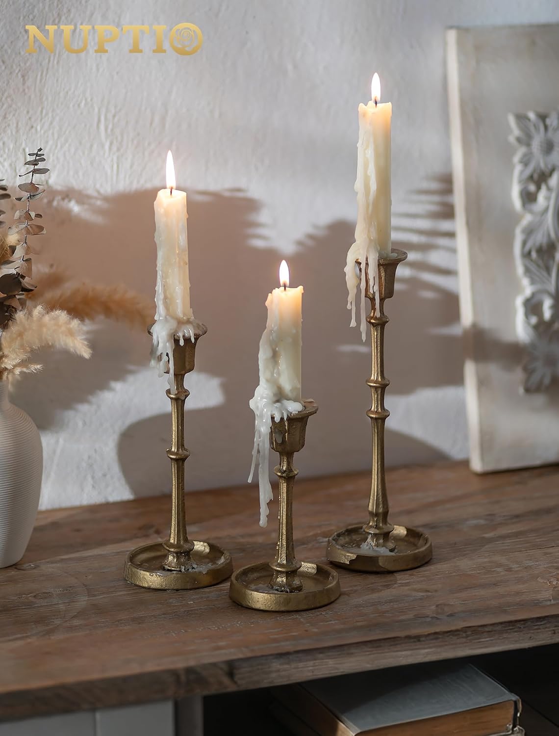NUPTIO Cast Iron Taper Candle Holders, Set of 3 Antique Brass Candlesticks | Heavy Construction, Vintage Texture, Stable Candle Base, Fireplace Mantel, Table Decor