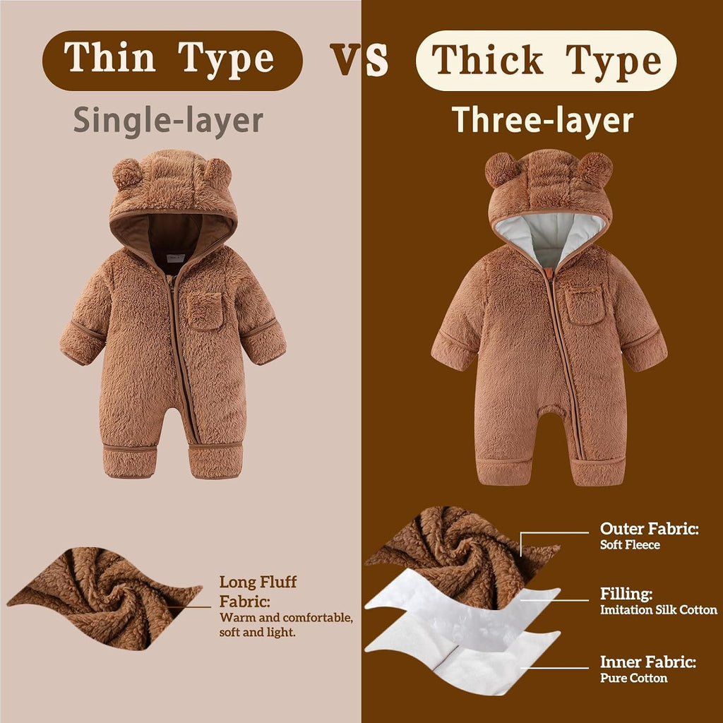 AiWMGL Newborn Baby Bear Outfit With Fold-Over Mittens and Footies Girls Boys Winter Fleece Clothes Hooded Romper Snowsuit