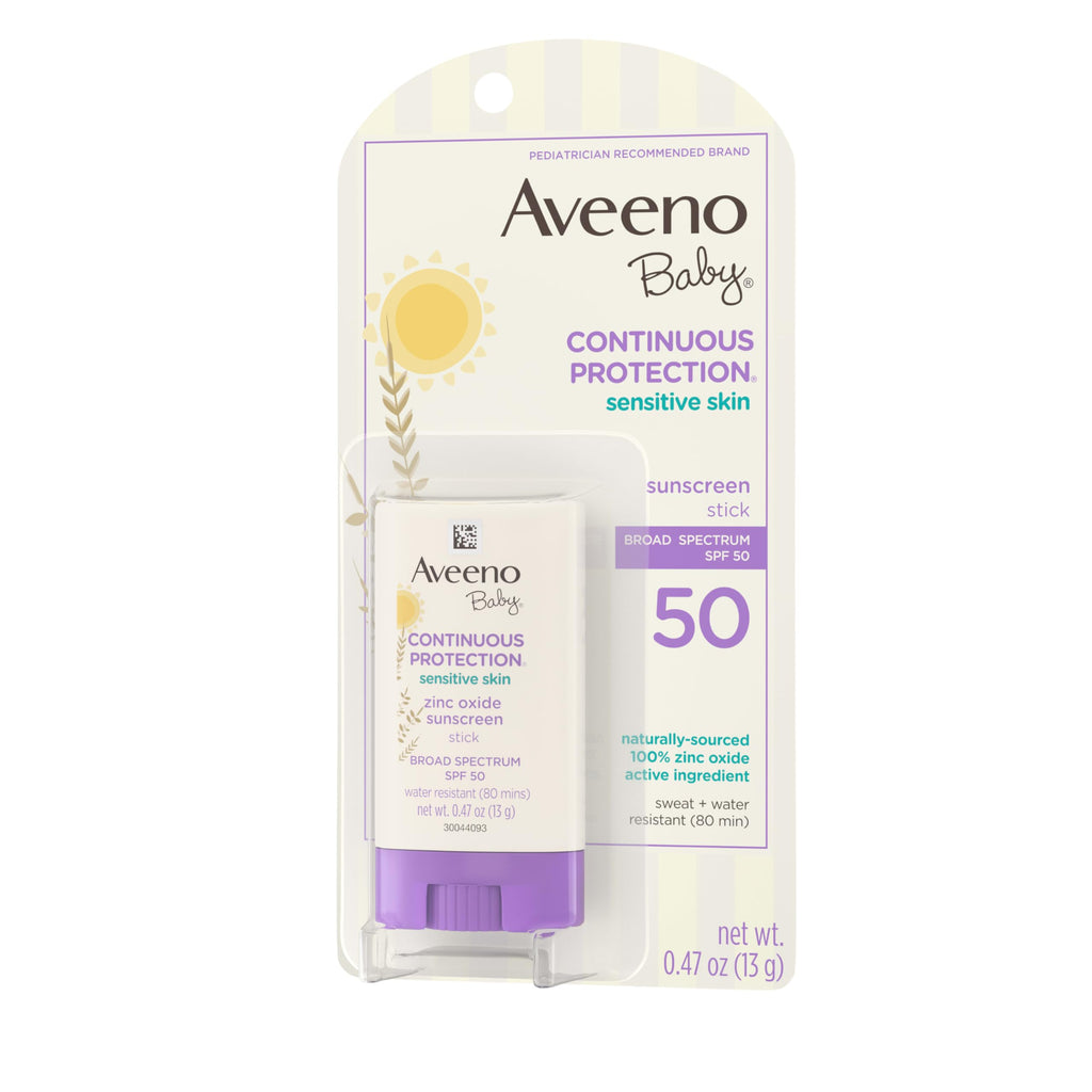 Aveeno Baby Continuous Protection Mineral Sunscreen Stick for Sensitive Skin with Broad Spectrum SPF 50 Protection for Face & Body, Naturally Sourced 100% Zinc Oxide, Travel Size, 0.47 oz