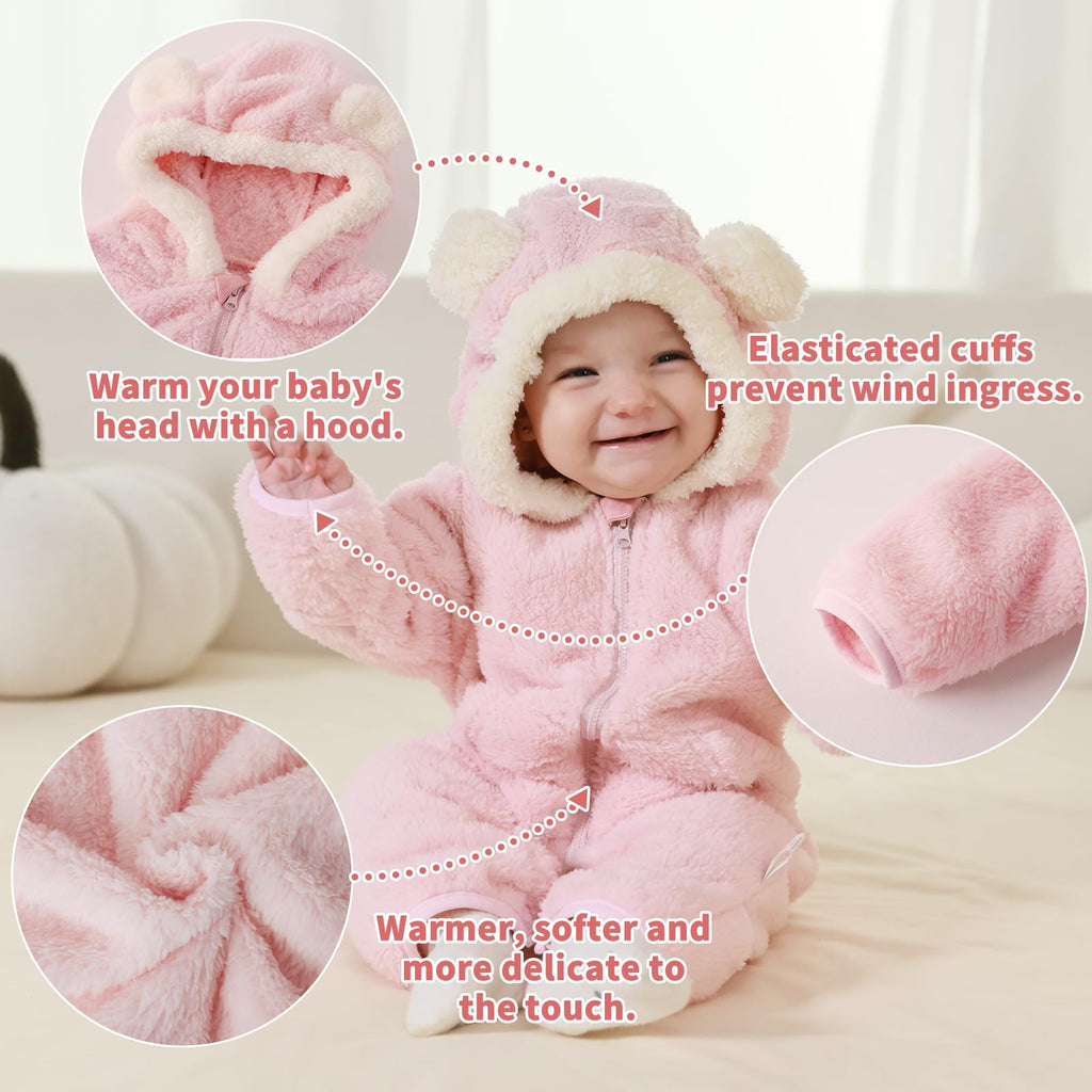 AiWMGL Newborn Baby Bear Outfit Suit With Fold-Over Mittens Footies Girls Boys Winter Fleece Clothes Hooded Romper Snowsuit