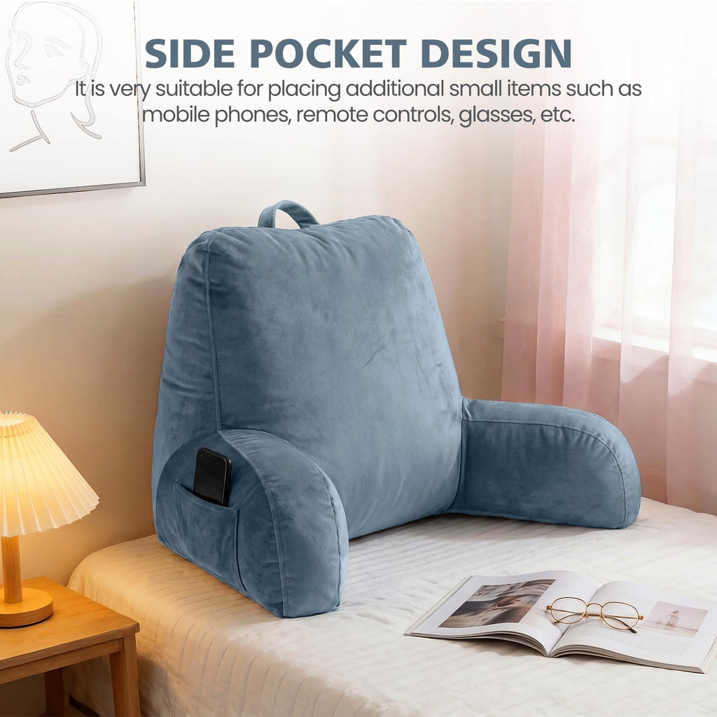 Reading Pillow with Adjustable Memory Foam,Adult Backrest with Arms, Back Pillow for Sitting in Bed with Washable Cover- Large, Gray
