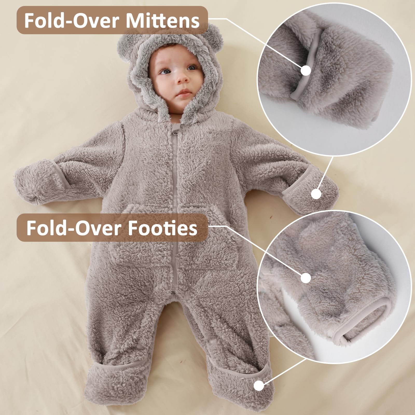 AiWMGL Newborn Baby Bear Outfit Suit With Fold-Over Mittens Footies Girls Boys Winter Fleece Clothes Hooded Romper Snowsuit
