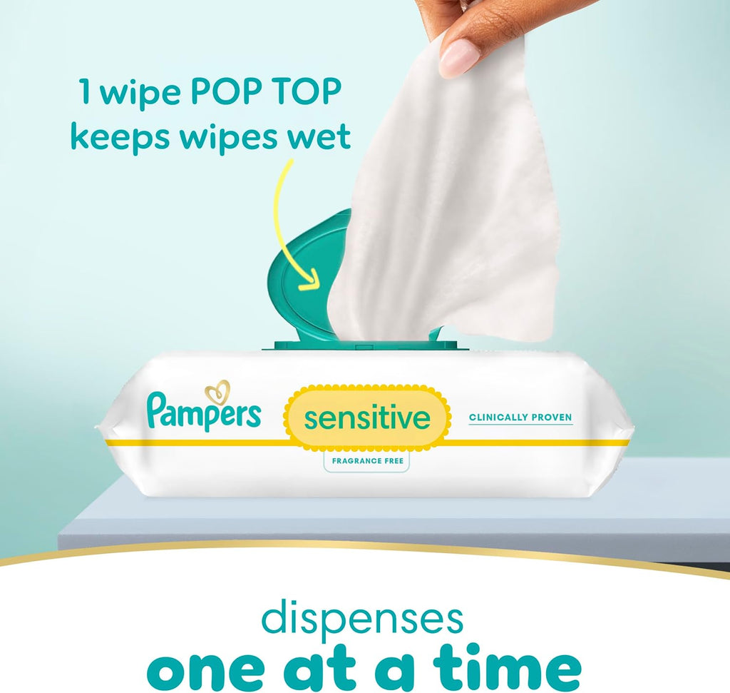Pampers Sensitive Baby Wipes, Clinically Proven, Fragrance Free, Unscented, Water Based, Hypoallergenic, Multi-Use, Hand Wipes 504 Wipes Total (6X Flip-Top Packs) [Packaging May Vary]