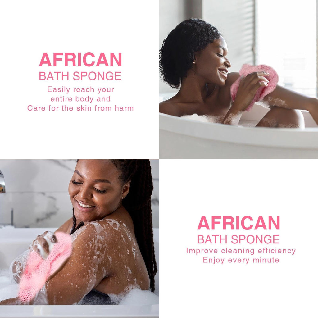 UJFQBH 3 Pack African Net Sponge, African Exfoliating Net Bath Sponge Long Net Bath Sponge Exfoliating Shower Body Scrubber Back Scrubber Skin Smoother,Great for Daily Use (Pink,Yellow,Purple)