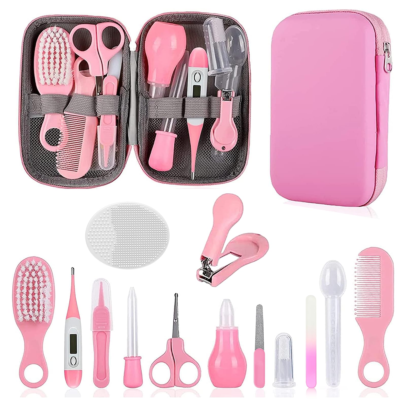 Baby Grooming Kit, Infant Safety Care Set with Hair Brush Comb Nail Clipper Nasal Aspirator,Baby Essentials Kit for Newborn Girls Boys (Grey White)