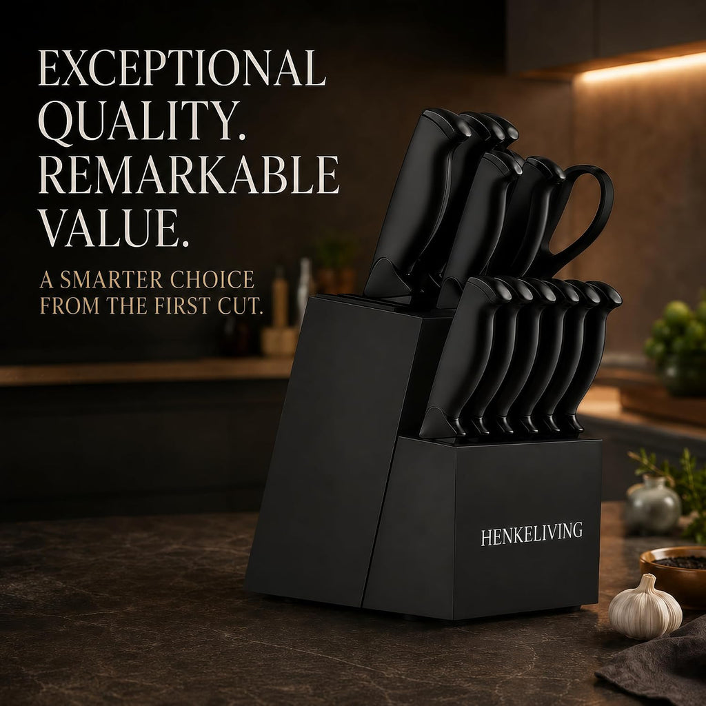 14-Piece Black Kitchen Knife Block Set with Built-In Sharpener | German high-carbon stainless steel blades, dishwasher safe, ultra-sharp edges, ergonomic non-slip handles