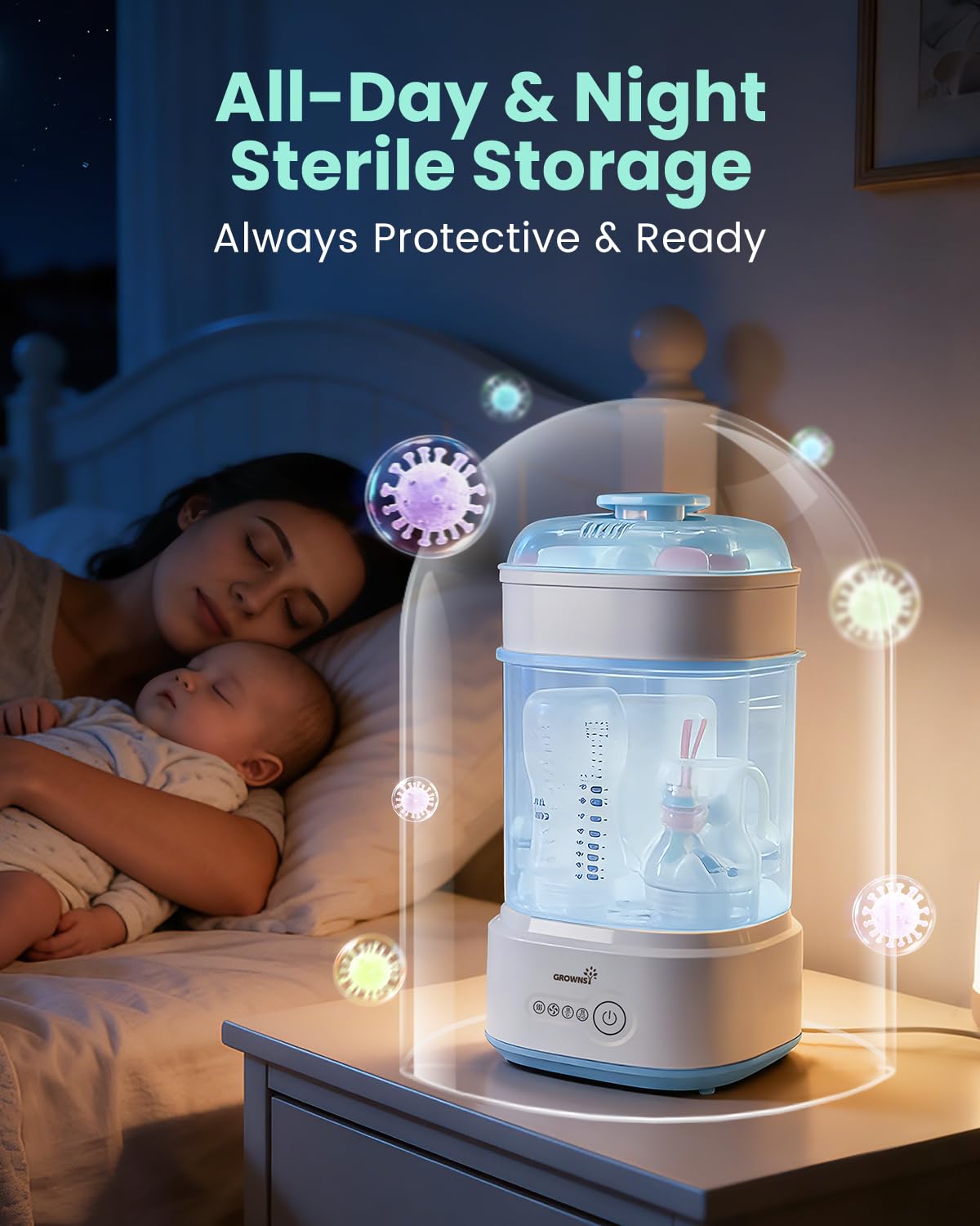 Grownsy Compact Baby Bottle Sterilizer and Dryer with Fast Sanitization