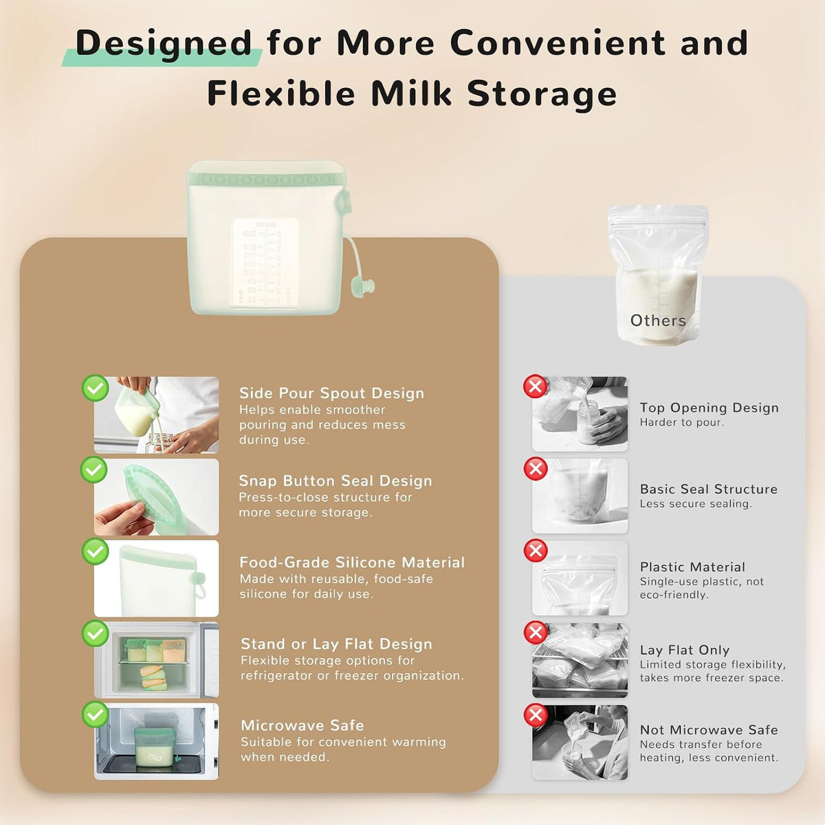 COMI Silicone Breast Milk Storage Bags Reusable, 9oz, BPA Free, 4Green