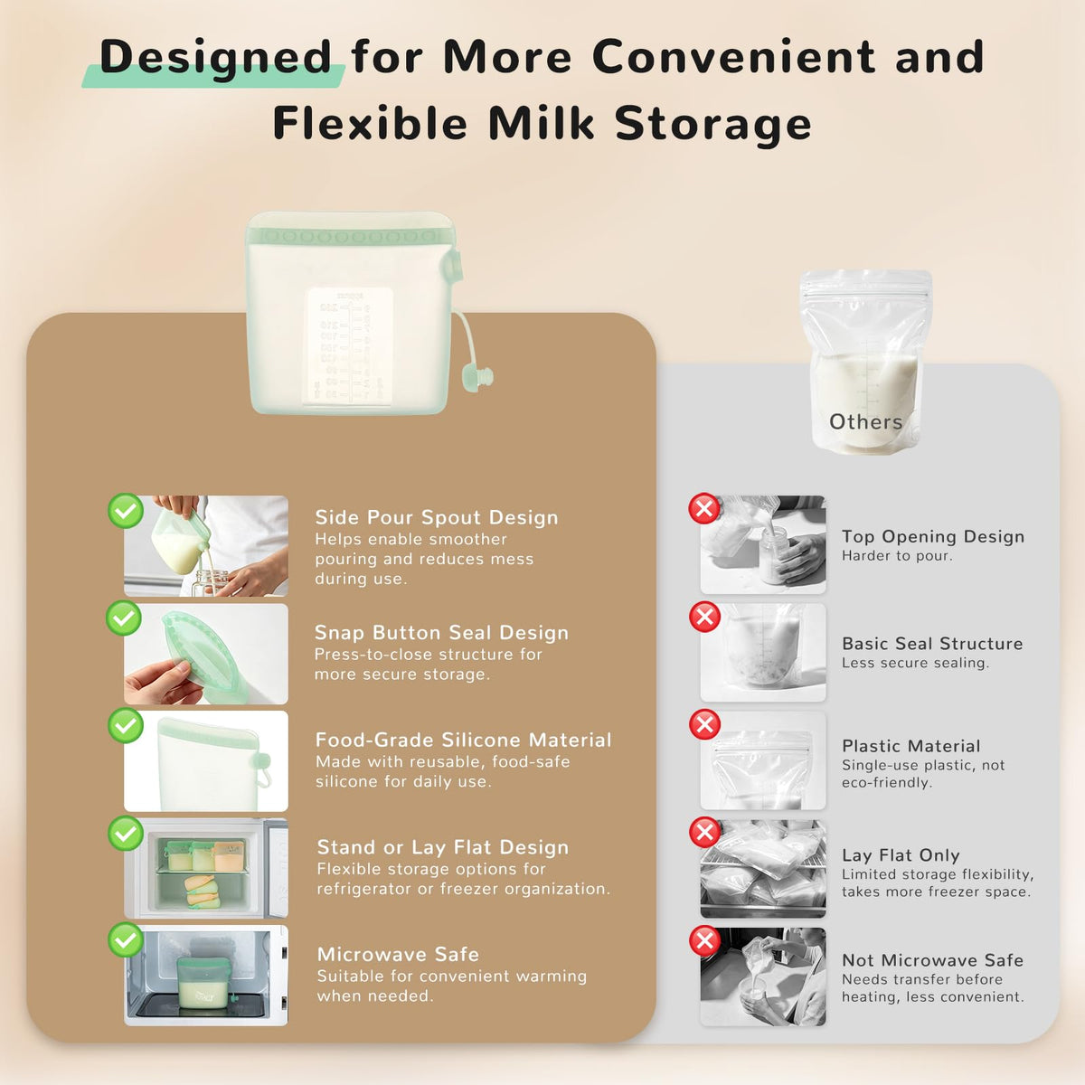 COMI Silicone Breast Milk Storage Bags Reusable, 9oz, BPA Free, 4Green