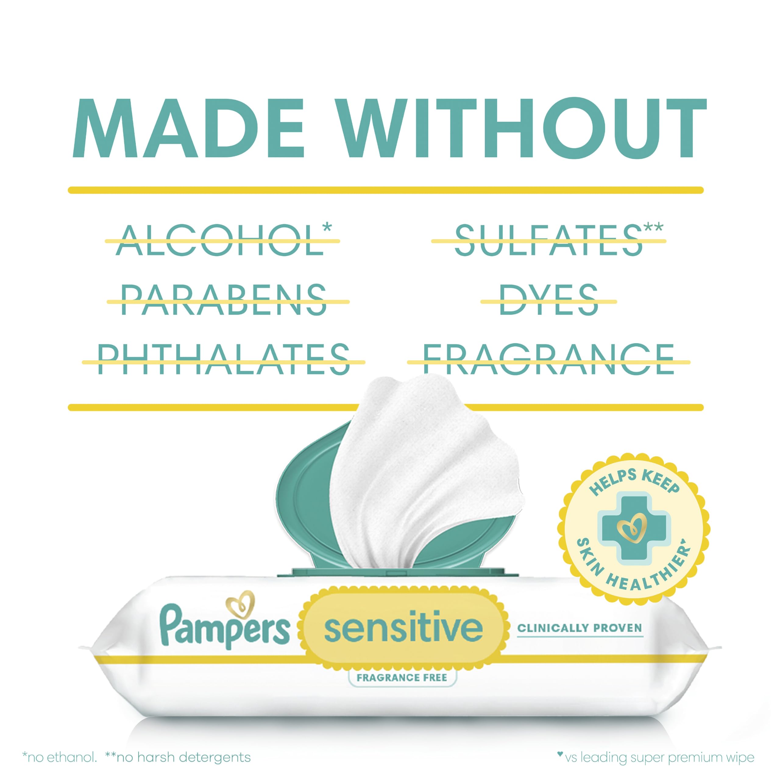 Pampers Sensitive Baby Wipes, Clinically Proven, Fragrance Free, Unscented, Water Based, Hypoallergenic, Multi-Use, Hand Wipes 504 Wipes Total (6X Flip-Top Packs) [Packaging May Vary]